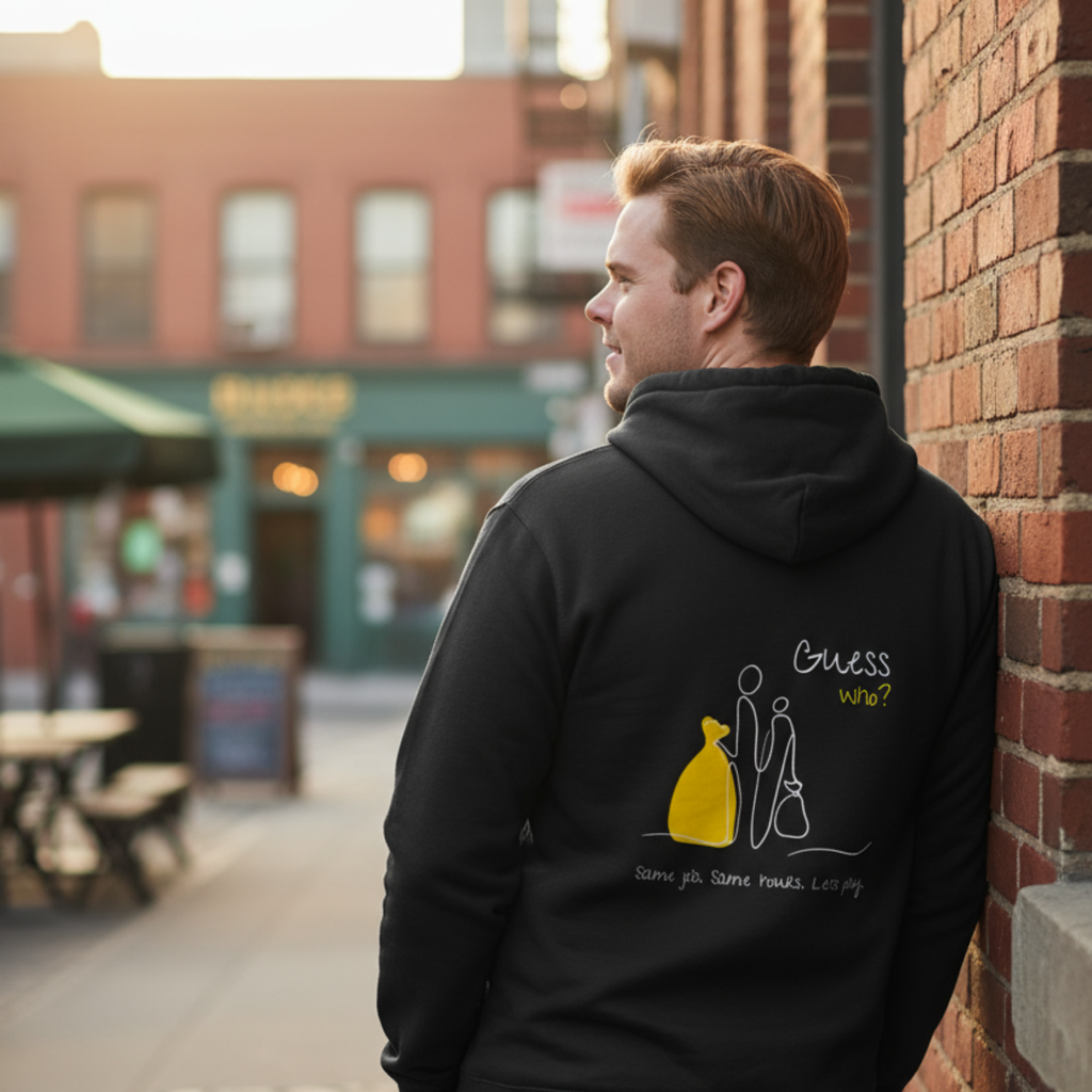 Hoodie (Backprint): Same job. Same hours. Less pay. Guess who?