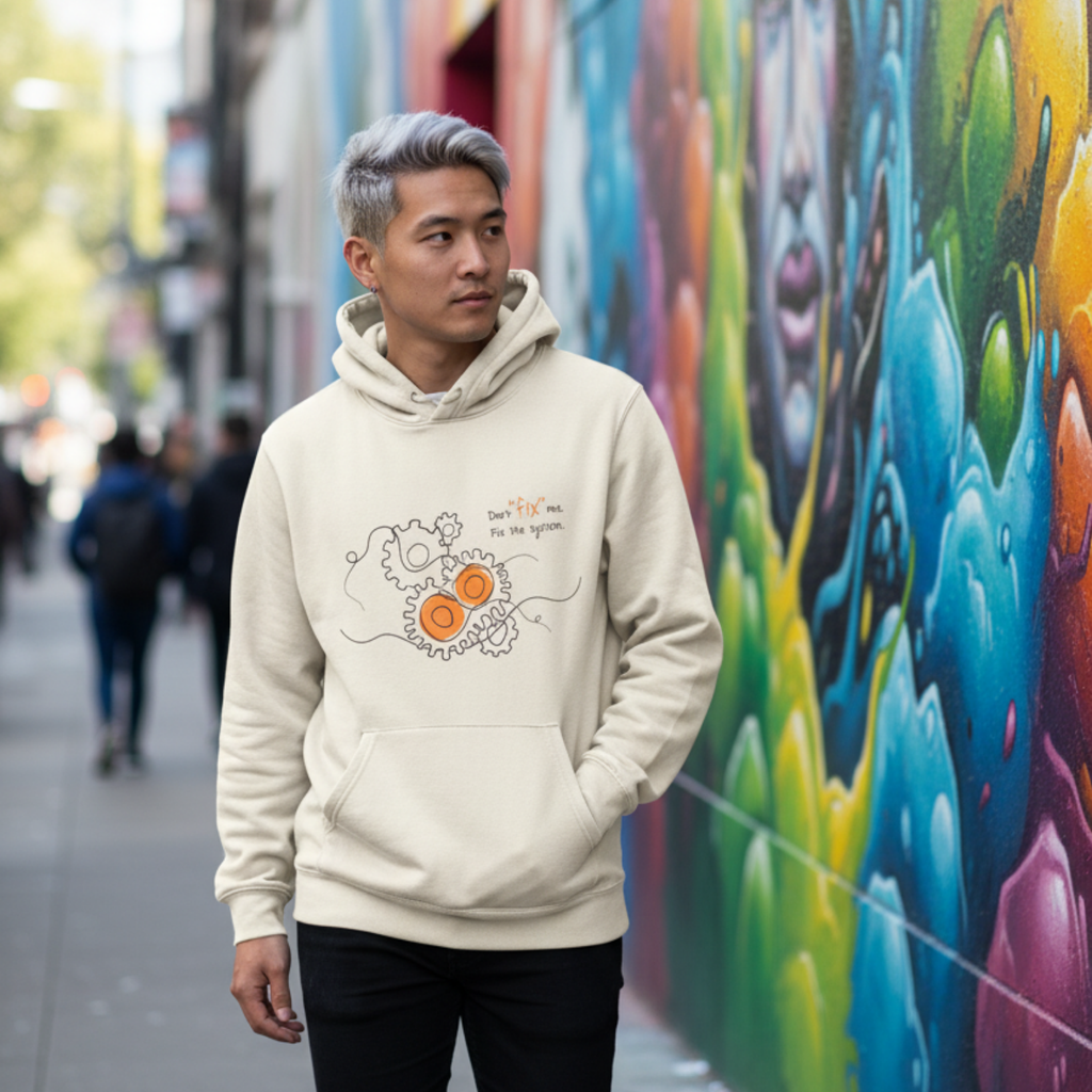 Hoodie (front print large): Don’t “fix” me. Fix the system.