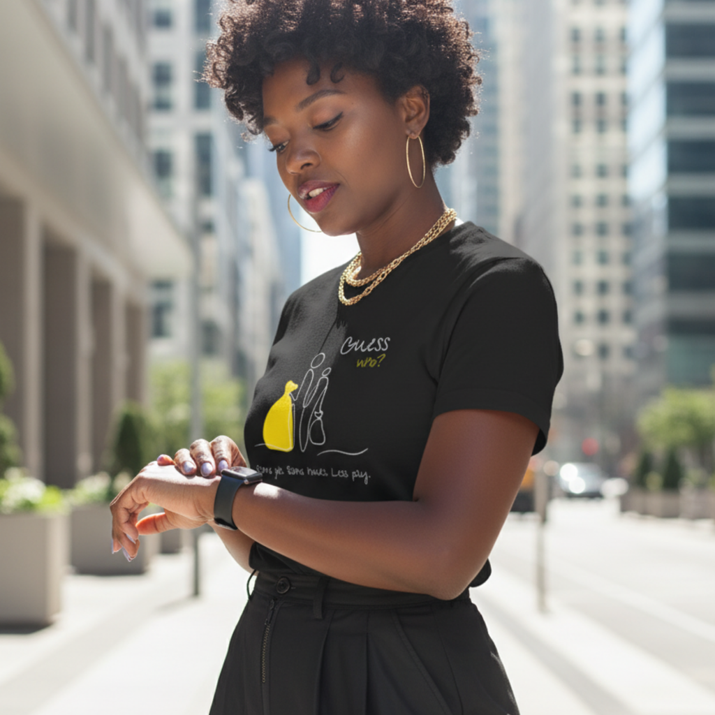 Casual T-Shirt (Front Print Large): Same job. Same hours. Less pay. Guess who?