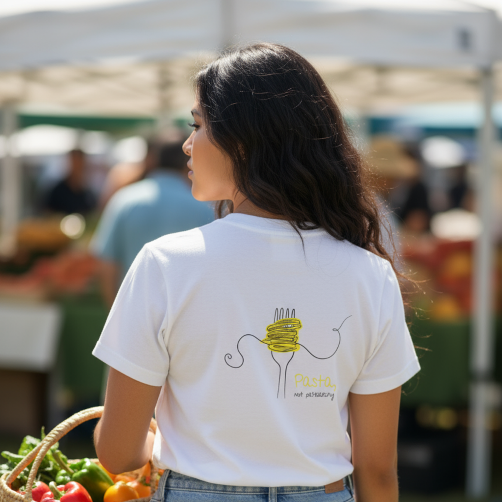 Casual T-Shirt (Backprint): Pasta, not patriarchy