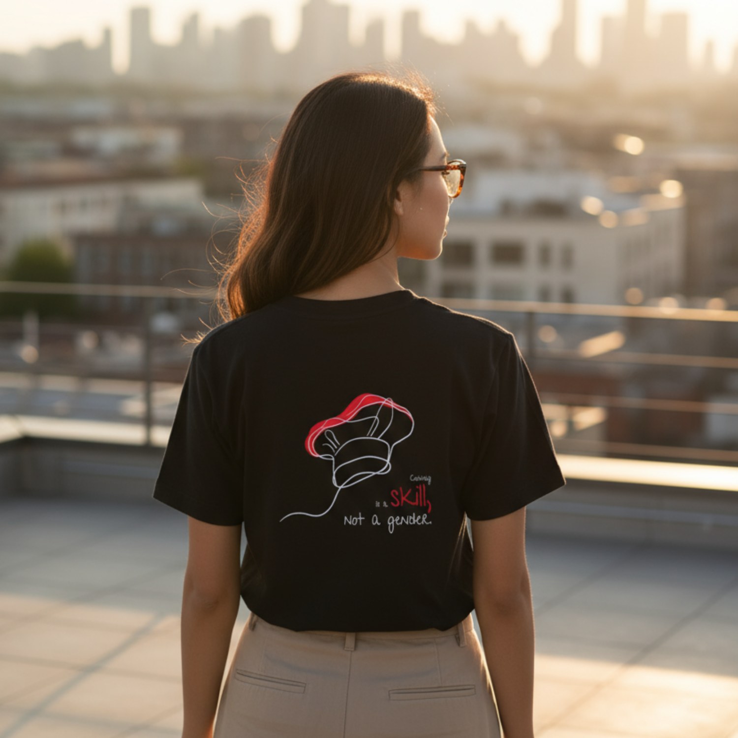 Casual T-Shirt (Backprint): Cooking is a skill, not a gender.