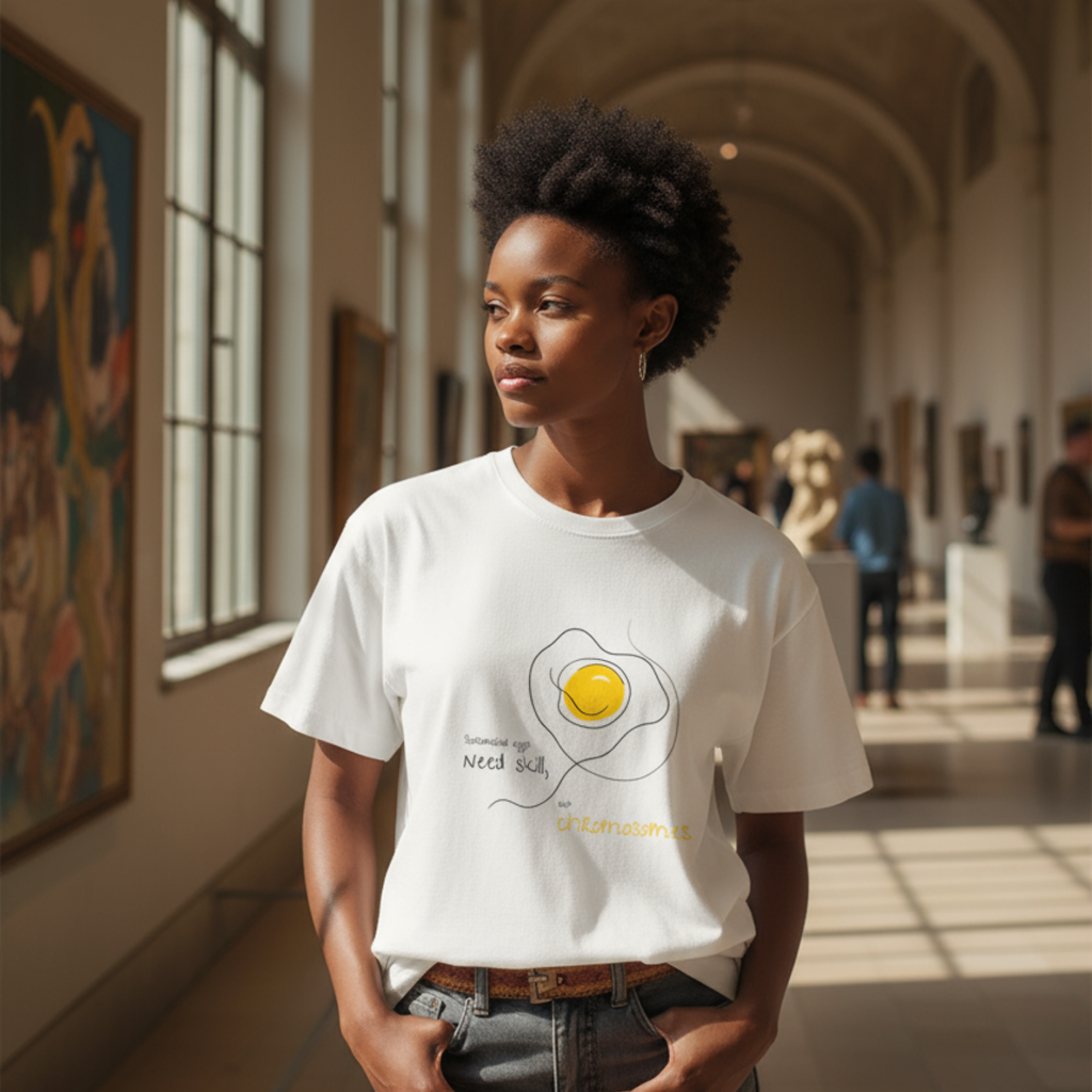 Oversize shirt (front print large): Scrambled eggs need skill, not chromosomes.