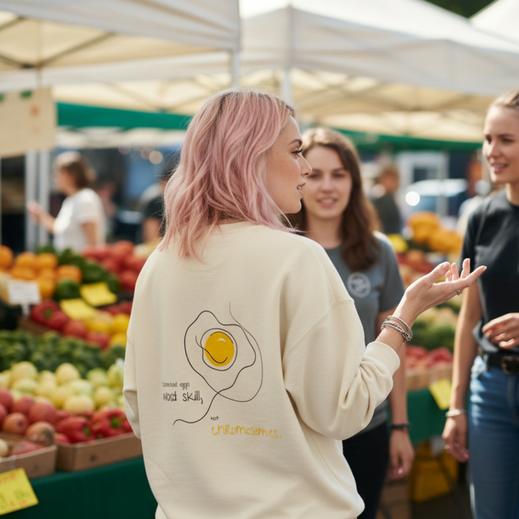 Sweatshirt (Backprint): Scrambled eggs need skill, not chromosomes.