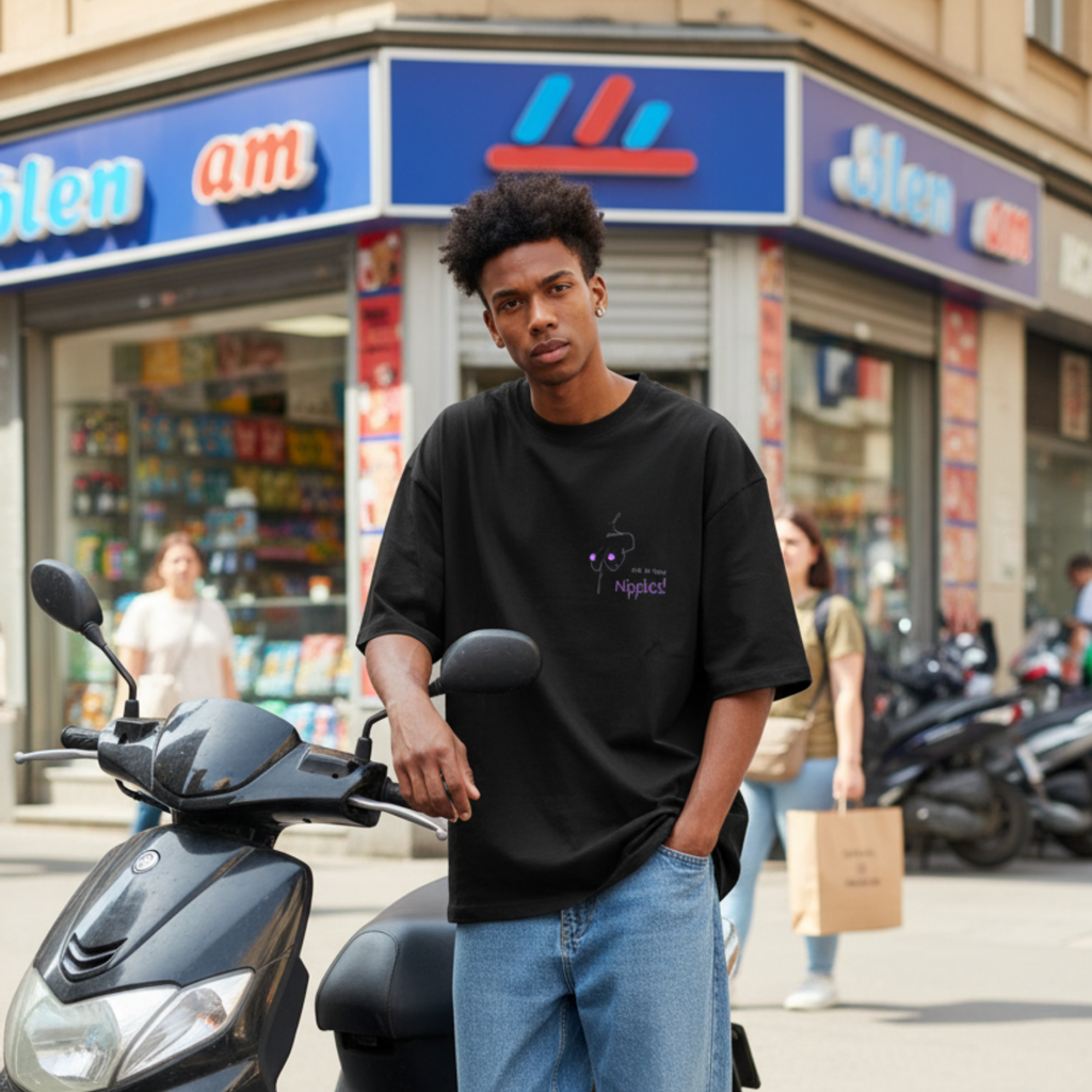 Oversized shirt: We all have nipples!