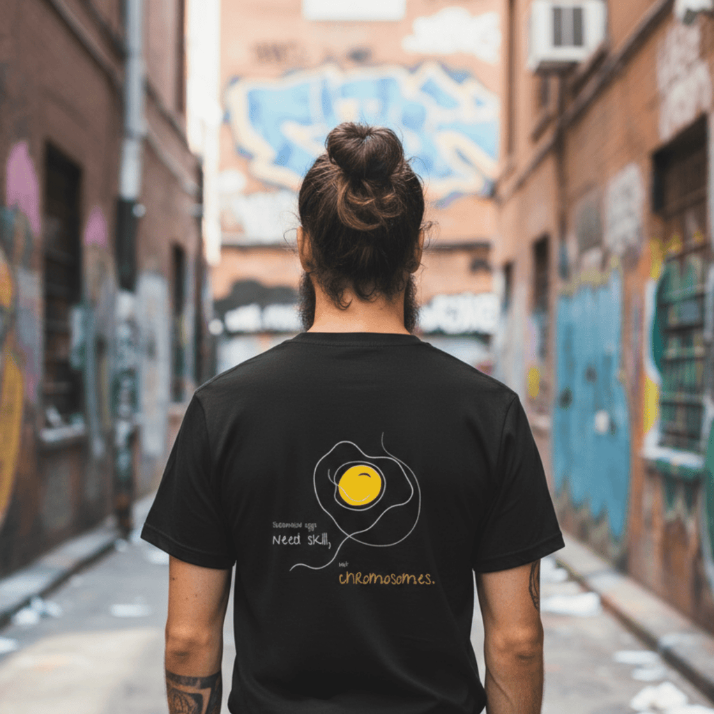 No Shit Shirts - Casual T-Shirt (Backprint): Scrambled eggs need skill, not chromosomes. - Casual T-Shirts - basic