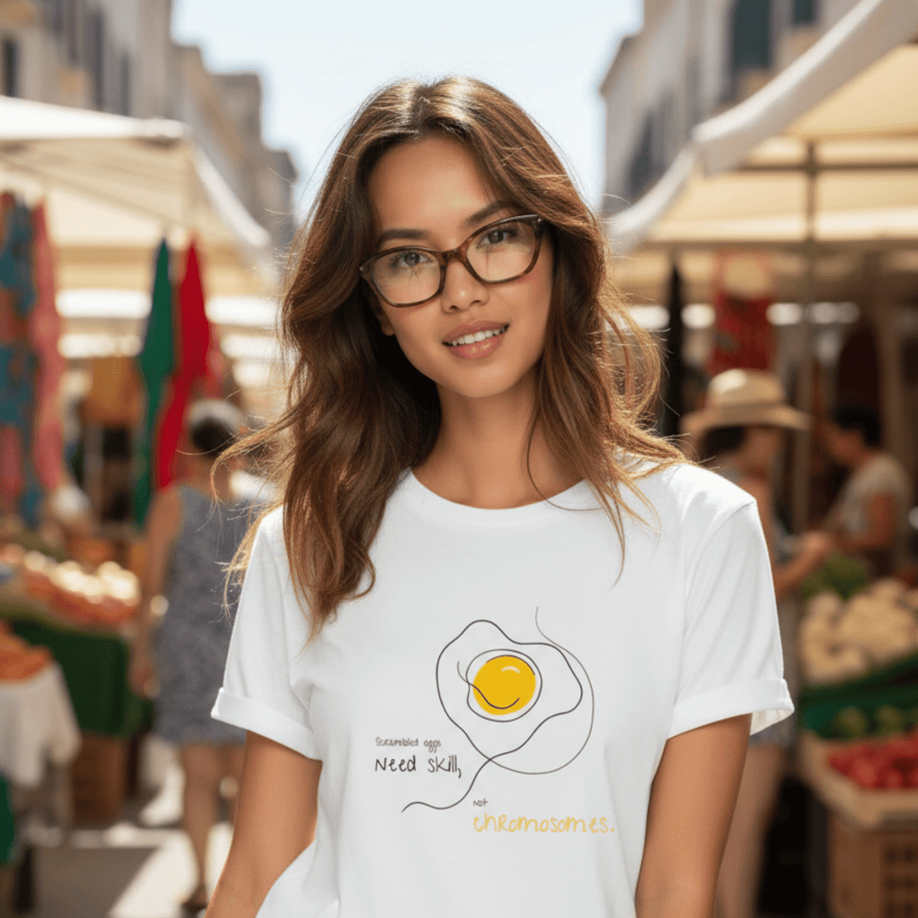 No Shit Shirts - Casual T-Shirt (Frontprint Large): Scrambled eggs need skill, not chromosomes. - Casual T-Shirts - basic