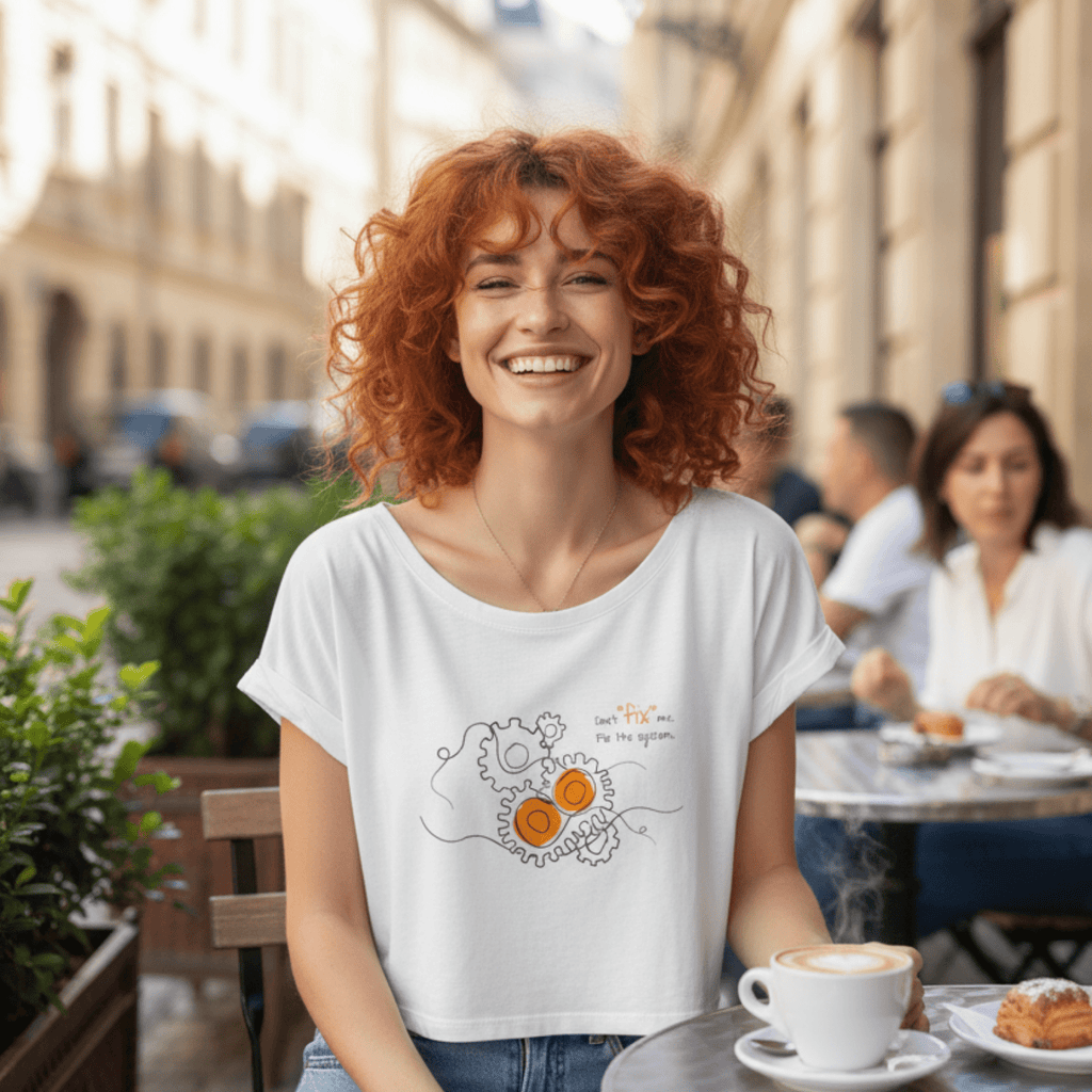 No Shit Shirts - Crop Shirt (Frontprint Large): Don’t “fix” me. Fix the system. - Crop Shirts - basic