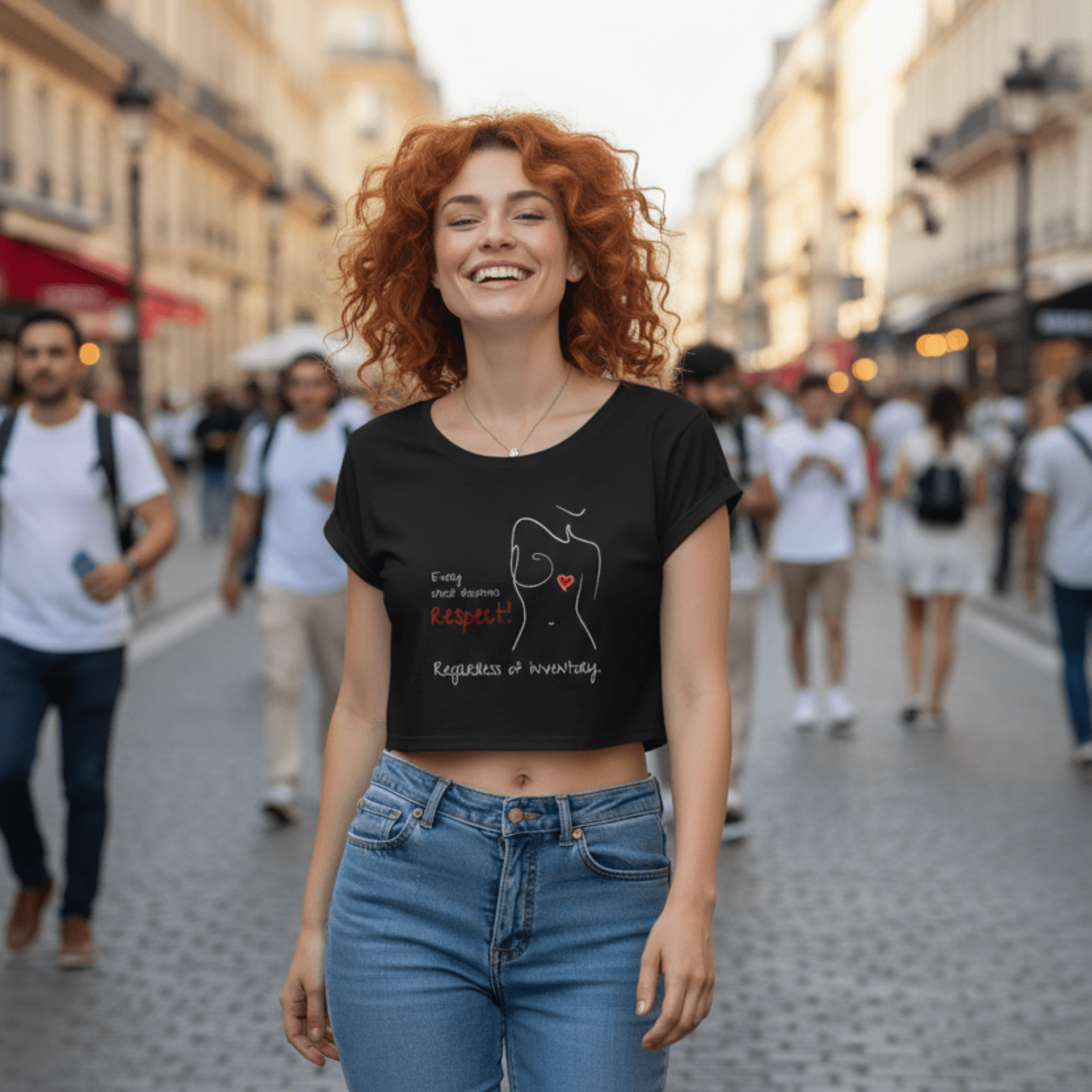 No Shit Shirts - Crop Shirt (Frontprint Large): Every chest deserves respect. Regardless of inventory. - Body & Autonomy & Sexism - basic