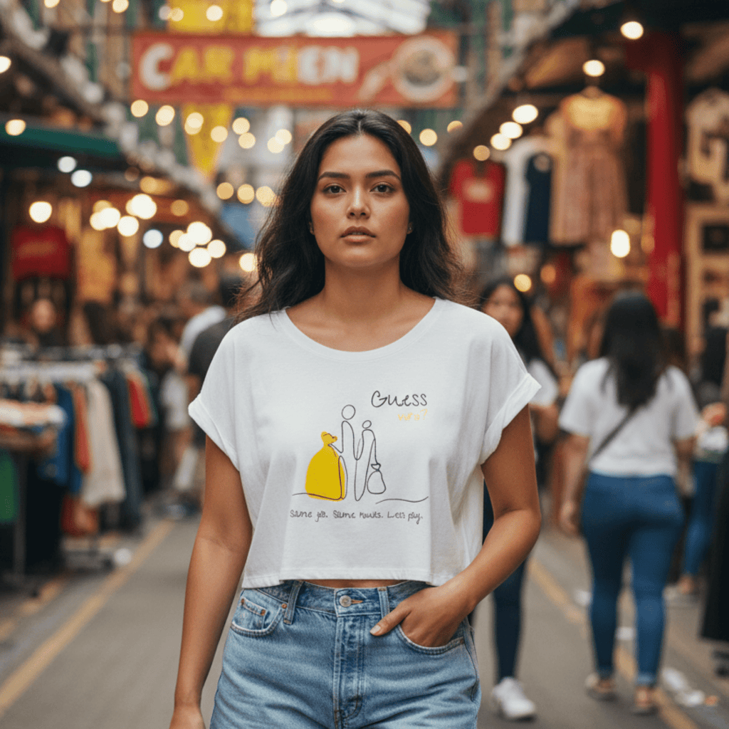 No Shit Shirts - Crop Shirt (Frontprint Large): Same job. Same hours. Less pay. Guess who? - Crop Shirts - basic