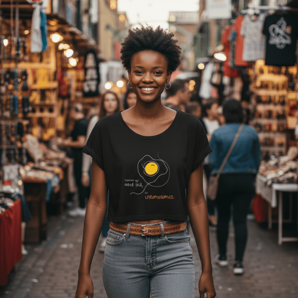 No Shit Shirts - Crop Shirt (Frontprint Large): Scrambled eggs need skill, not chromosomes. - Crop Shirts - basic