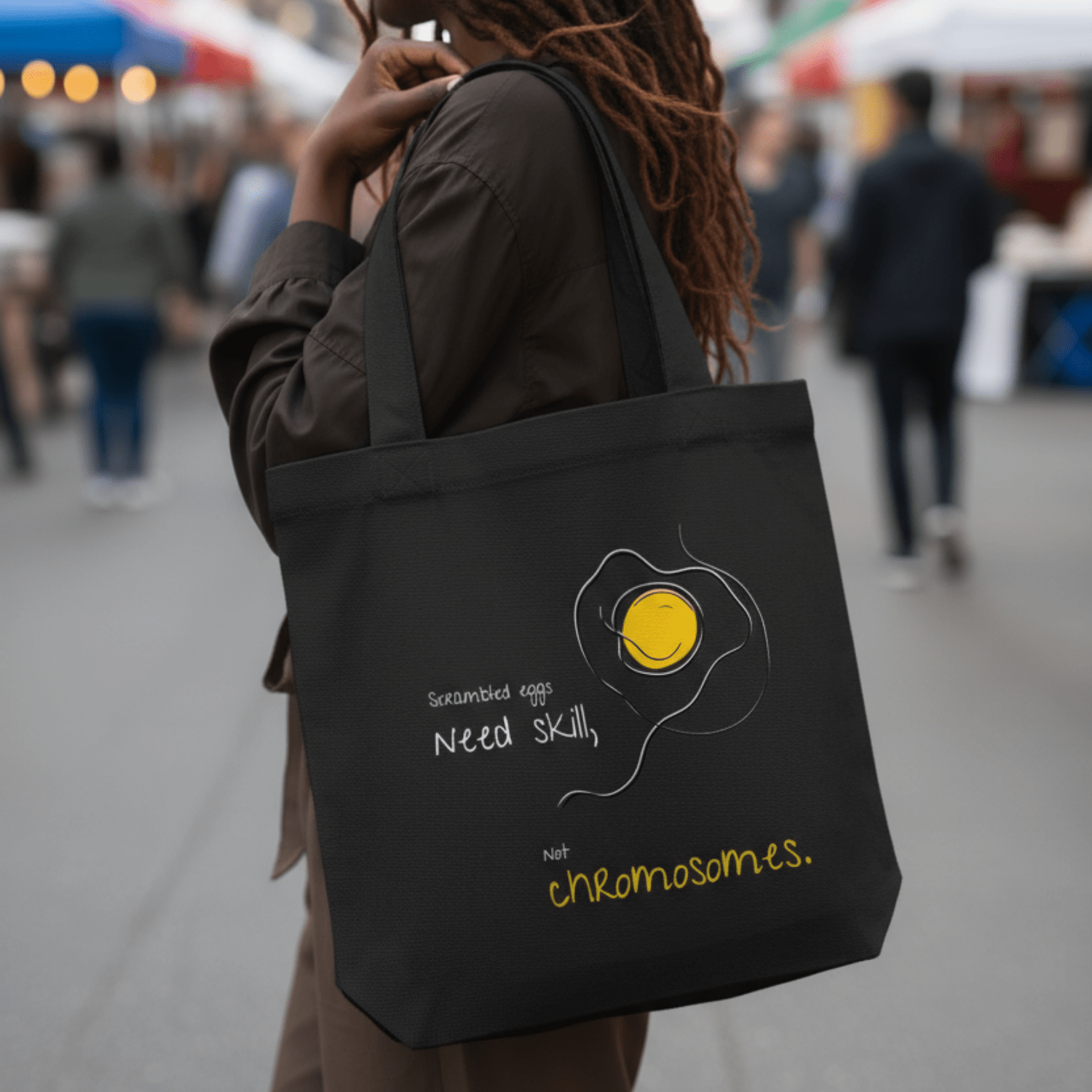 No Shit Shirts - Jutebeutel: Scrambled eggs need skill, not chromosomes. - Gender Roles - basic