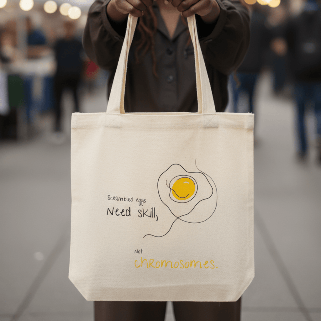 No Shit Shirts - Jutebeutel: Scrambled eggs need skill, not chromosomes. - Gender Roles - basic