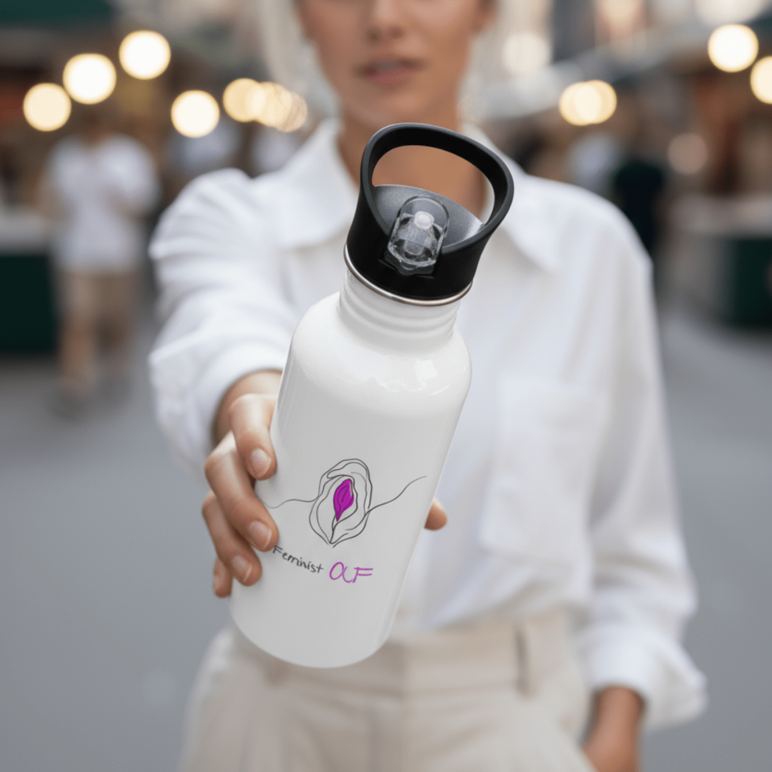 No Shit Shirts - Trinkflasche: Feminist AF - Society & Patriarchy - basic